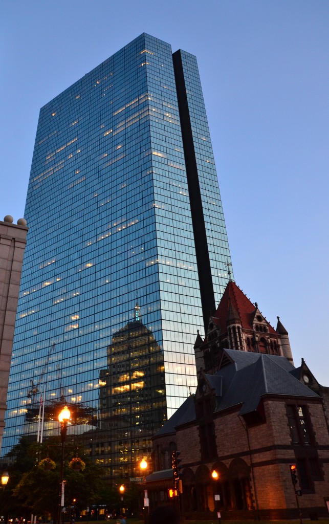 Twilight - Hancock building with the reflection of the Trinity Church